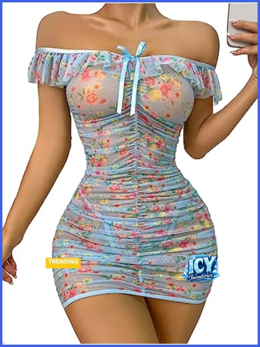 Off Shoulder Mesh Sheer Floral Babydoll Lingerie Set with Thong